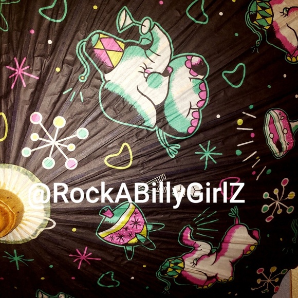 Sourpuss 32" Retro Pink Teal Elephants Martini Glass Paper Parasol Bamboo Handle - Picture 6 of 8